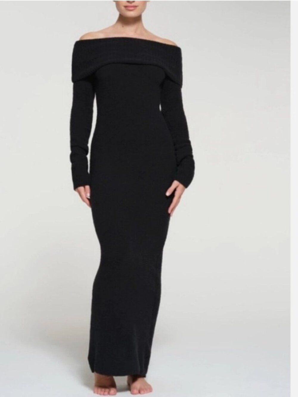 SKIMS Cozy Super Soft Knit Off the Shoulder Dress Onyx Black